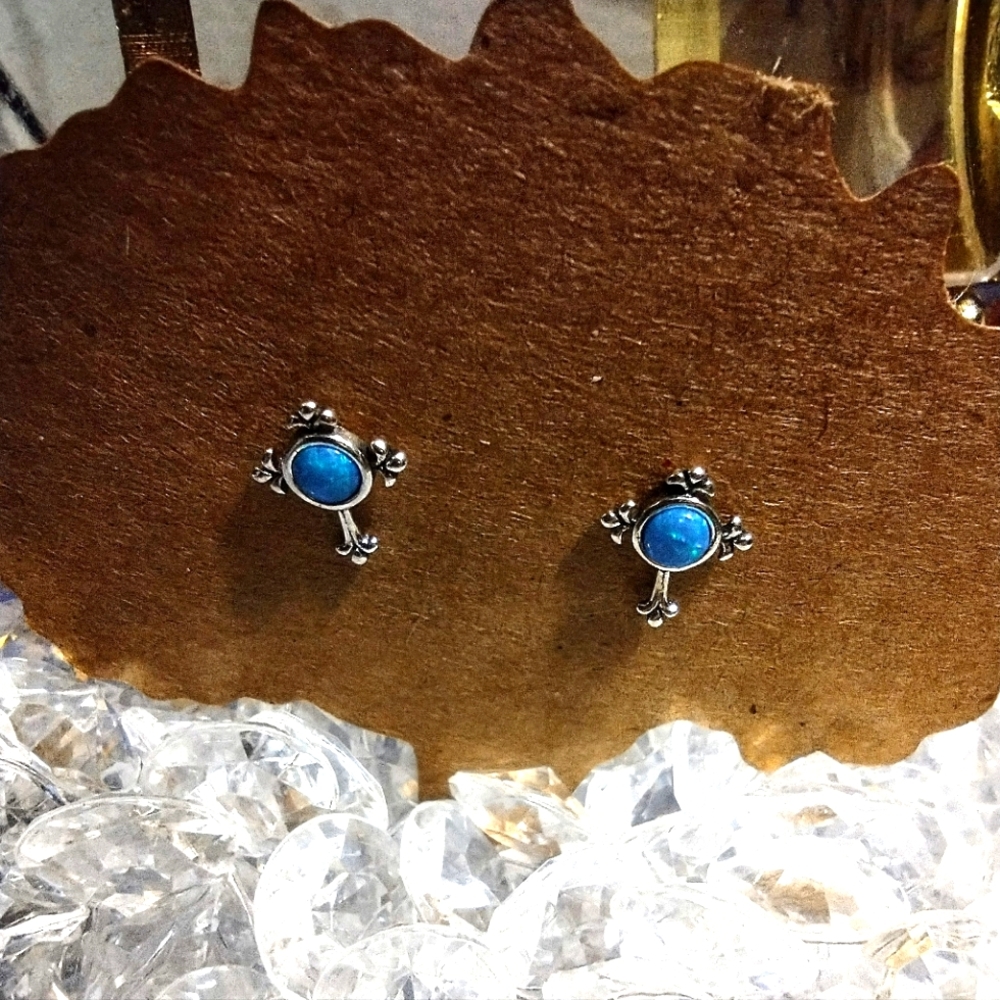 925 Sterling Silver Blue Opal Colored Cross Stud Earrings